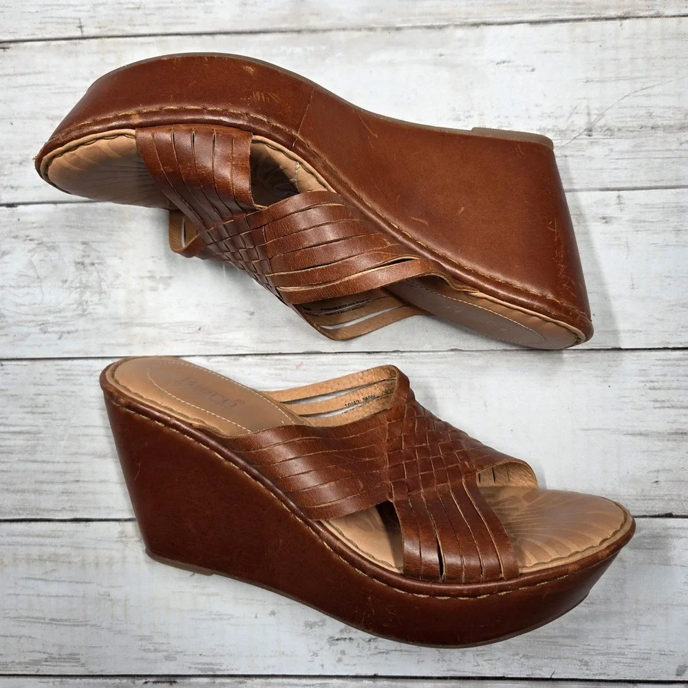 Born‎ Woven Leather Wedge Platform Sandals Womens 10M Brown Strappy Mules D63216